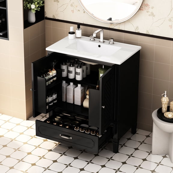 30" Vintage Bathroom Vanity with Sink | Real Wood & MDF Construction | Bathroom Storage