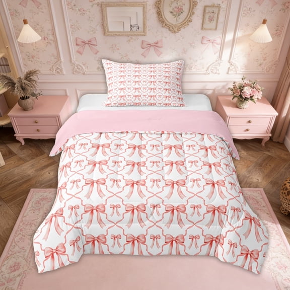 Bow Down Comforter 2 Pcs,Kawaii Pink Bow Twin Comforter Set Room Decor,Cute Princess Bowknot Bedding Set,Watercolor Bow Tie Bed Set 2 Pcs
