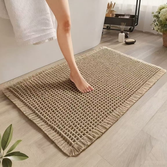 Muddy Rug, Boho Bathroom Decor Rug with Tassels: Waffle Weave Bath Mat, Ultra-Soft, Non-Slip, Super Absorbent & Quick Dry for Bathroom Floor, Machine Washable, 17"x24", Khaki