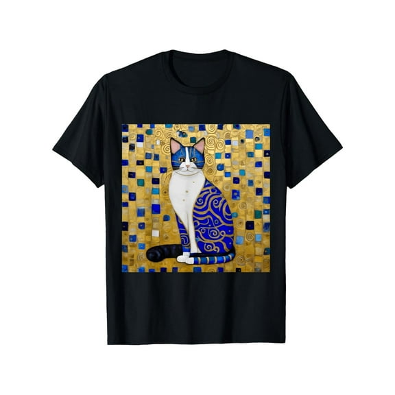 Klimt Cat Graphic Tee Artistic T-Shirt Top Cotton Fashion Casual Round Neck Short Sleeve Black S-5XL
