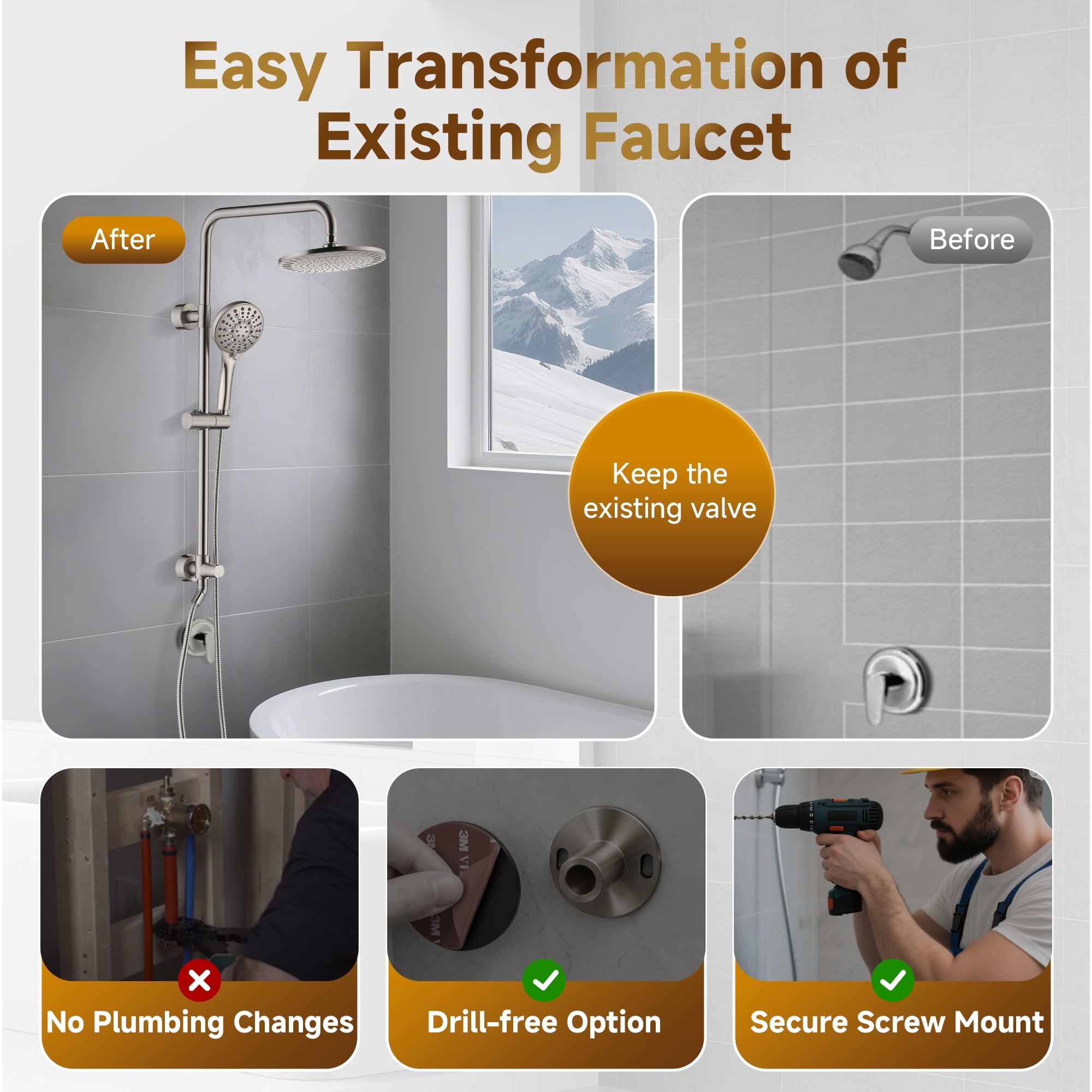 BRIGHT SHOWERS Rain System Including 9 Inch Rainfall shower head and Handheld with Height Adjustable Holder, Solid Brass Rail and 60 Inch Long Stainless Steel Shower Hose