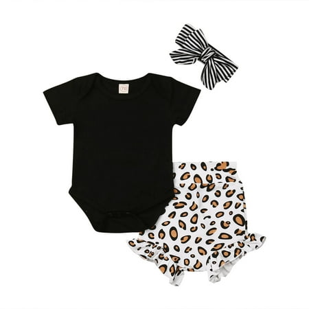 

Bagilaanoe 3pcs Newborn Baby Girl Short Pants Set Short Sleeve Romper Tops + Leopard Shorts + Headband 6M 12M 18M 24M Infant Casual Summer Outfits