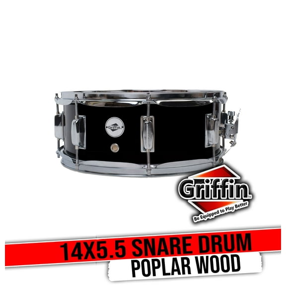 Griffin Snare Drum 14" x 5 - 5" Poplar Wood Shell with Black PVC Glossy Finish - Percussion Musical Instrument with Drummers Key for Students & Professionals 8 Tuning Lugs & Snare Strainer