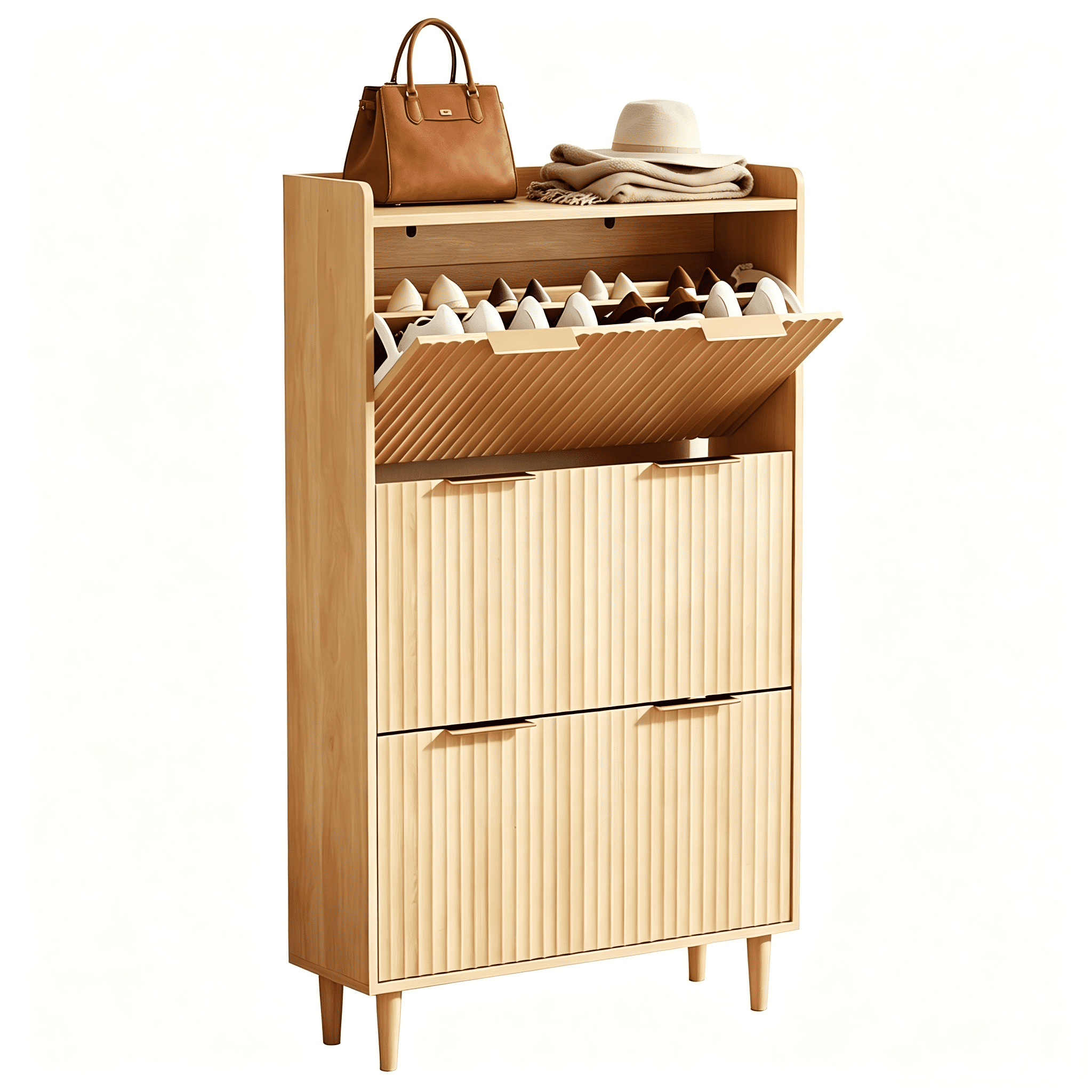 3-Drawer Shoe Cabinet with Top Grille Panel MDF Door Panels with Thermoforming + Champagne Gold Door Seams and Handles + Conical Legs for the Shoe Cabinet, 31.61*14.17*52.95in, Oak