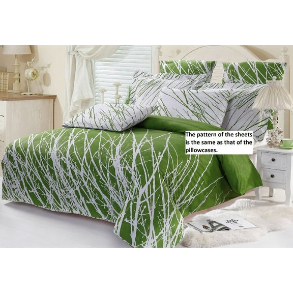 Swanson Beddings Tree Branches 100% Cotton Sheet Set : Fitted Sheet, Flat Sheet and Two Matching Pillowcases (White-Green, King)