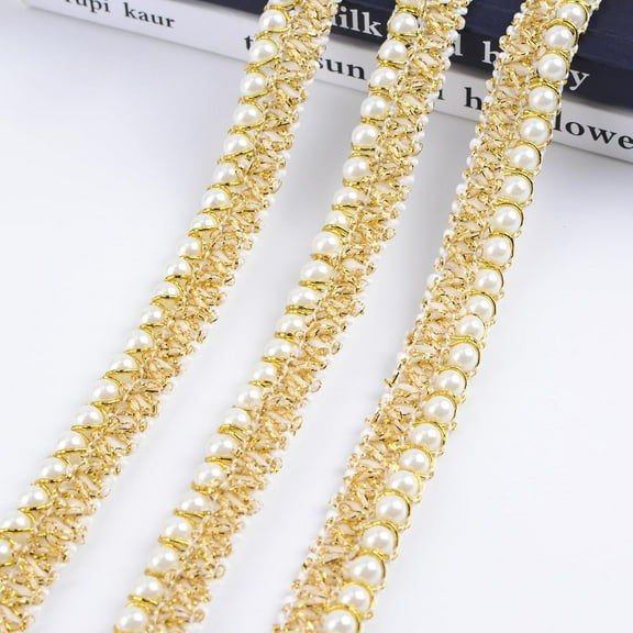 Gold Pearl Lace Trim, 6Yds Lace Embroidery Ribbon Trim for Sewing Fabric Dress Bag Decor Garment Accessories