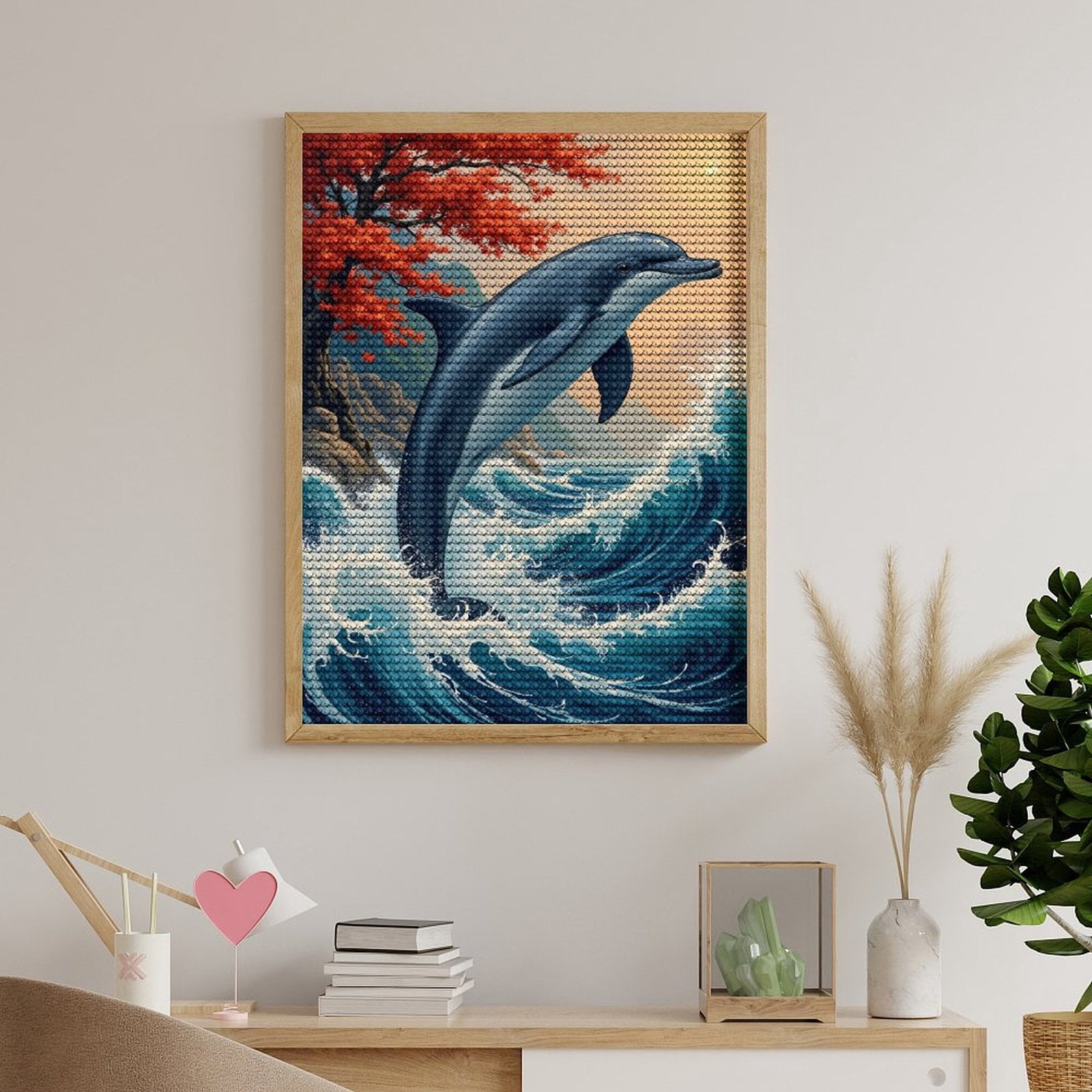 Diamond Art Kits for Adults, Dolphin Ocean Waves Sun Trees 5D Diamond Painting Kits for Adults Beginners, DIY Full Drill Diamond Painting, Gem Art and Crafts 12x16