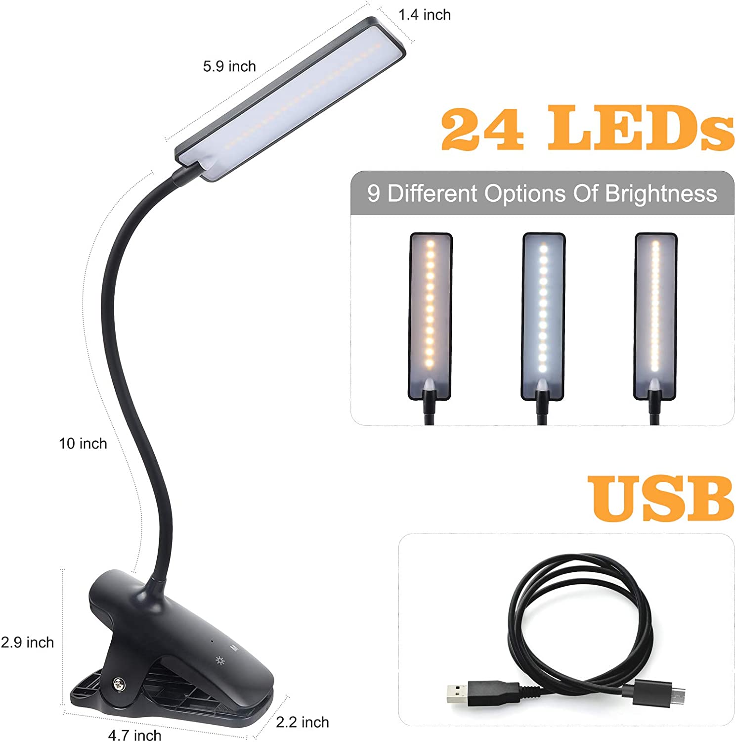 Esbaybulbs Led Book Light, Rechargeable Desk Lamp, 24 LED Clamp Reading Bedside Lamp, 3 Color Temperature and 3 Brightness, Flexible Clip Table Lamp (Black)
