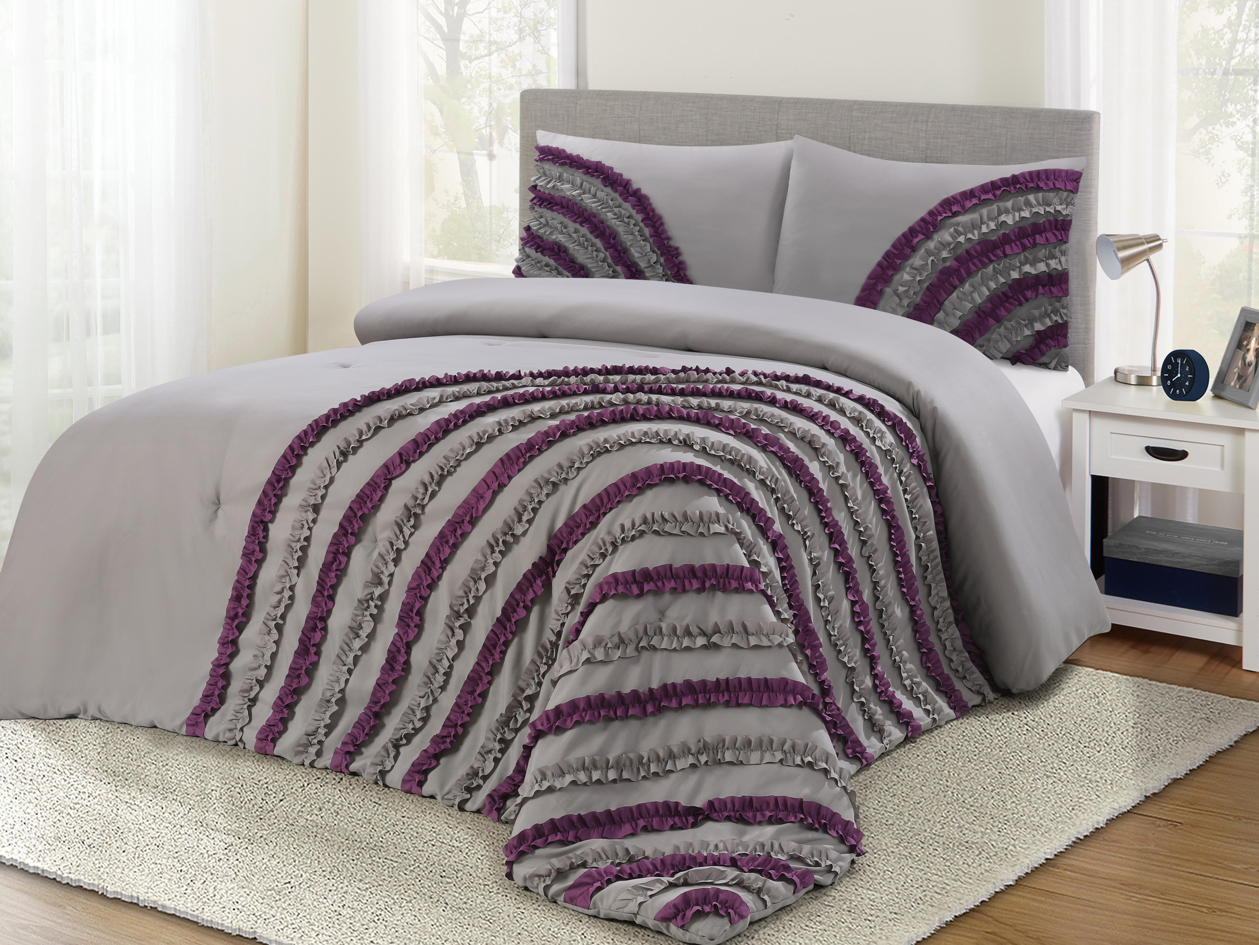 3 Piece Gray/Purple Queen Comforter set with Handcrafted Ruffle Fan ...