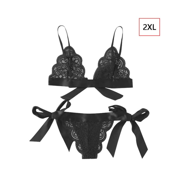Conjunto de ropa interior de encaje floral encantador para mujer, regalo de lencería de bragas de malla, negro, XXL AweSitey XX000194-24