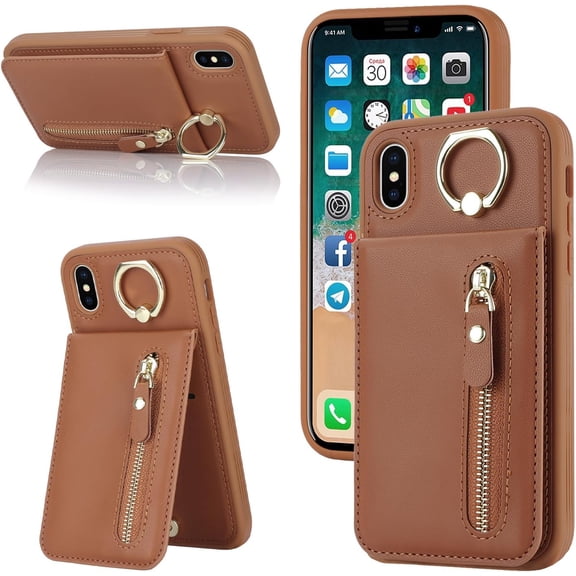 iPhone Xs Phone case Wallet for Women, iPhone Xs Phone case with Card Holder with Credit Card with Ring Kickstand Zipper Shockproof Slim Stand Case for iPhoneXS - Brown