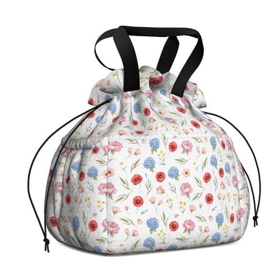 Pioneer Flower Floral Print Pattern Drawstring Lunch Bag Women - Drawstring Lunch Bag Insulated for Work Office - Stain-Resistant Large Lunchbags for Women with Multi-Pockets