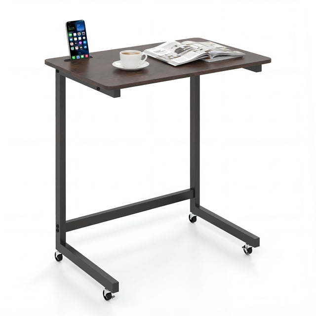 Gymax Table d'Appoint en Forme de C avec Roues et Fente pour Téléphone Intégrée pour Salon Chambre Brun