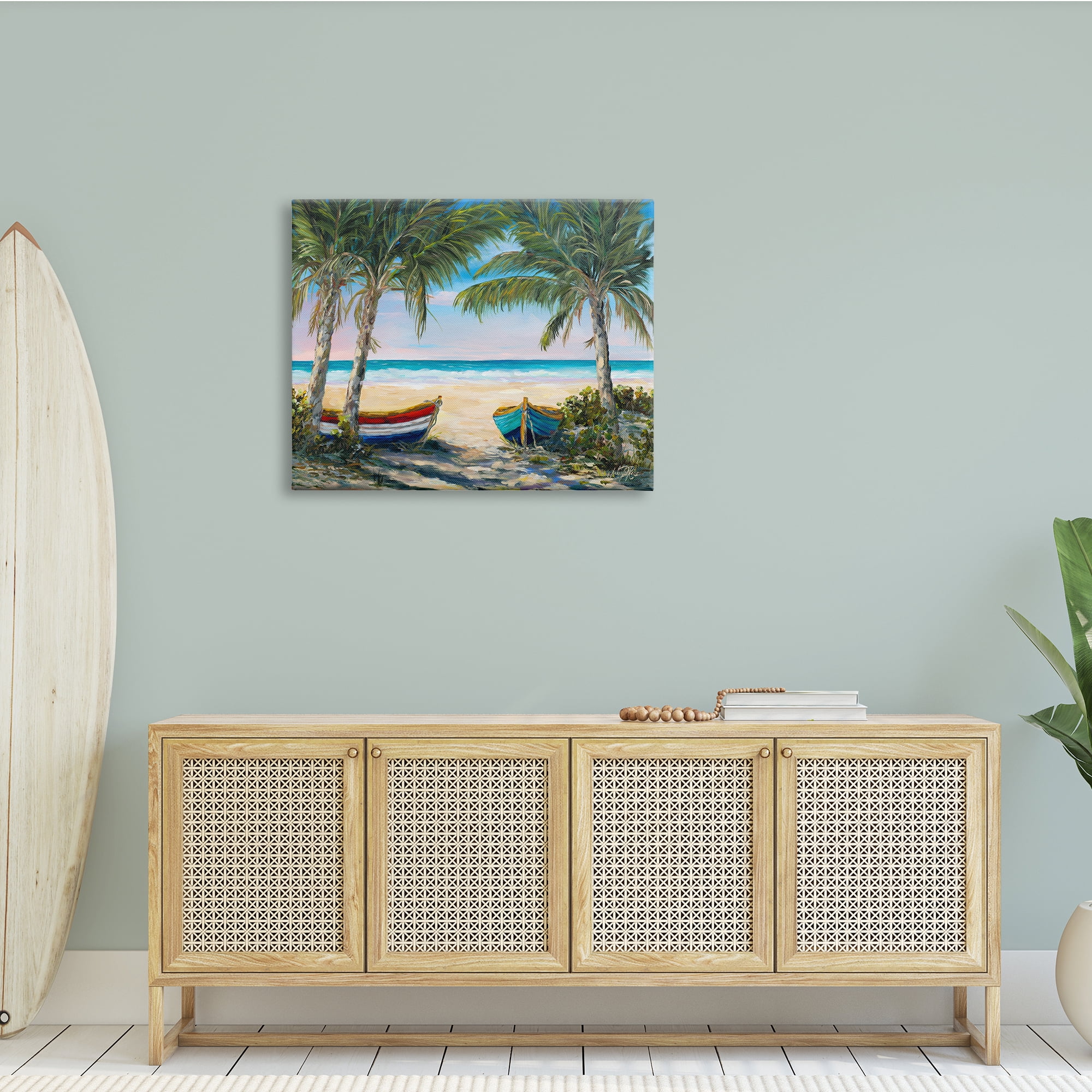 Stupell Industries Row Boats on Beach Shore Tropical Palm Trees, 40 x 30, Design by Julie Derice