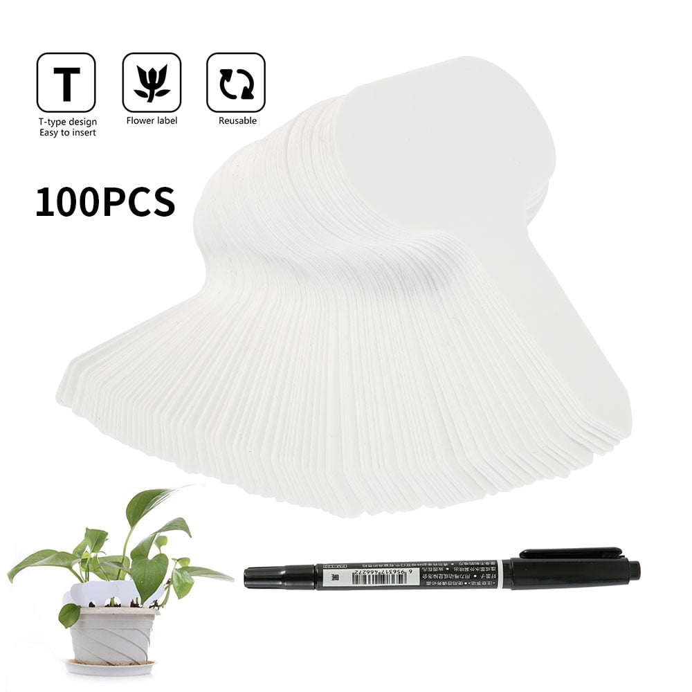 Willkey 100PCS Plastic Plant Labels T Type Markers with A Marker Pen Plant Hanging Tags Markers Garden Markers Waterproof White