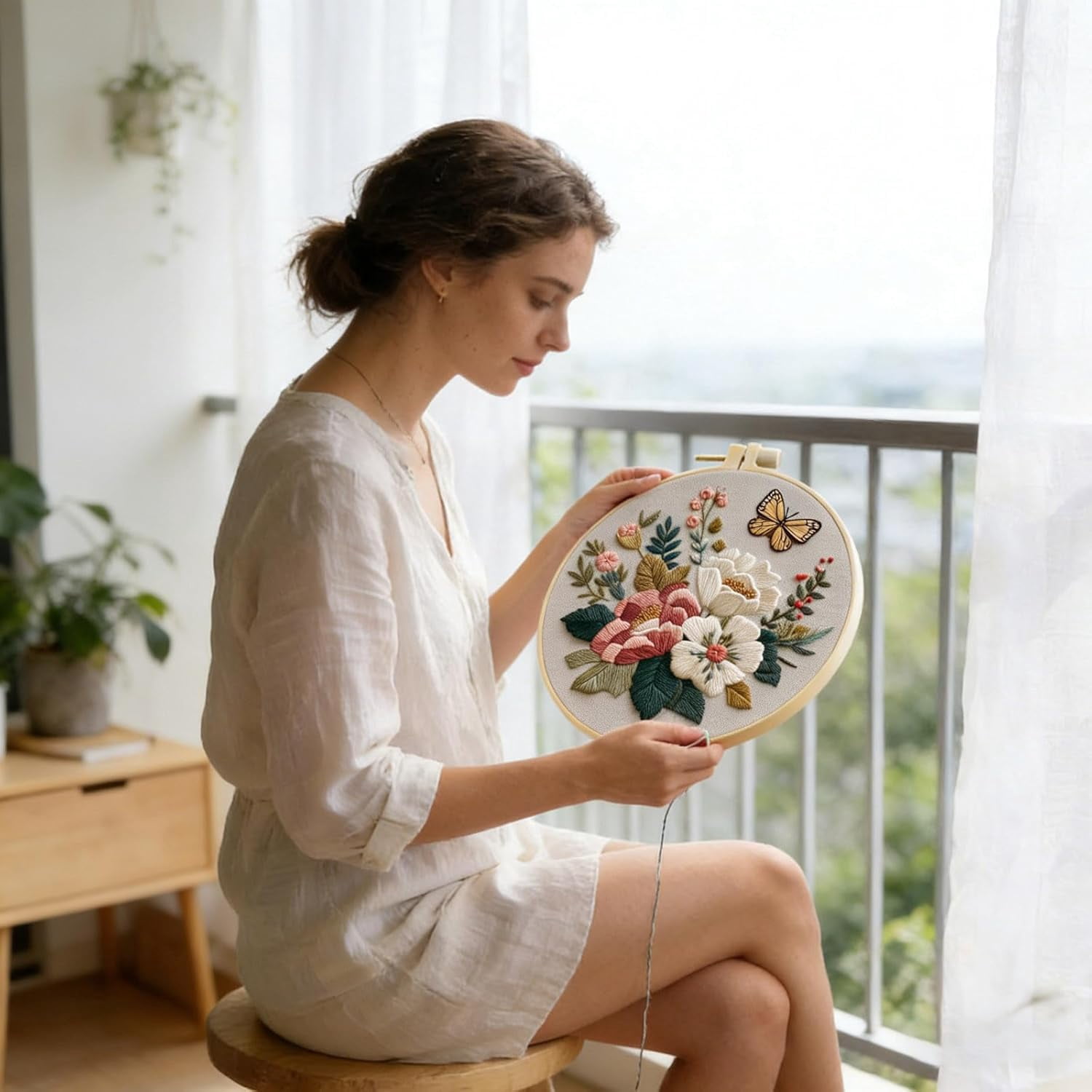 Embroidery Kit for Beginners, Stamped Cross Stitch Kits for Beginner, Floral Pattern Embroidery Starter Kits for Adults with Embroidery Hoop Instructions Threads and Needles Scissors(4 Set)