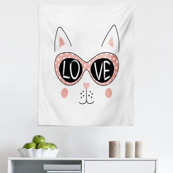 Pink Cat Tapestry, Funny Portrait of Kitten Face Love Lettering Vintage Polka Dot Glasses, Fabric Wall Hanging Decor for Bedroom Living Room Dorm, 5 Sizes, Blush Charcoal Grey, by Ambesonne