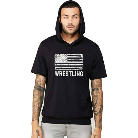 Men's Wrestling USA Flag Black Short Sleeve Hoodie T-Shirt Large