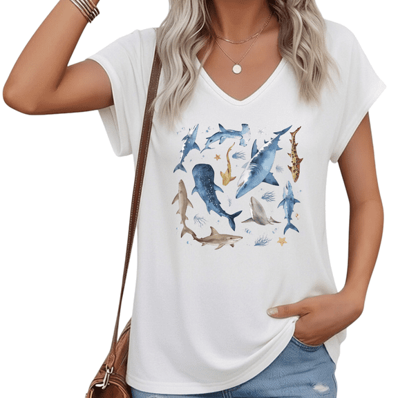 UNISHE Women Shark Family Print V-Neck Cap Sleeve T-Shirt Casual Summer Tee S-5XL