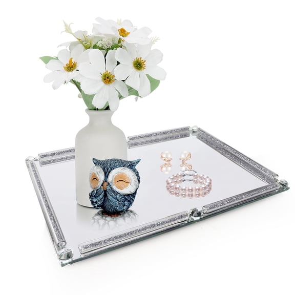 Luxurious Glass Mirror Tray,16" x 12" Glass Crystal Mirrored Vanity Tray Serving Tray For Wedding Birthday Party,Silvery
