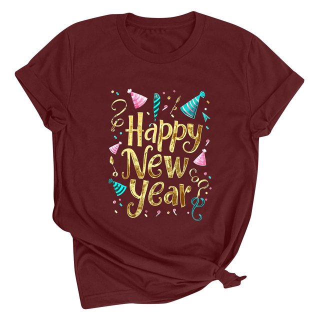Amzcrzy Womens Tops Spring Summer Fashion Loose Fitting Pullover Versatile Shirts Happy New Year Graphics Printing Round Neck Short Sleeve Tops