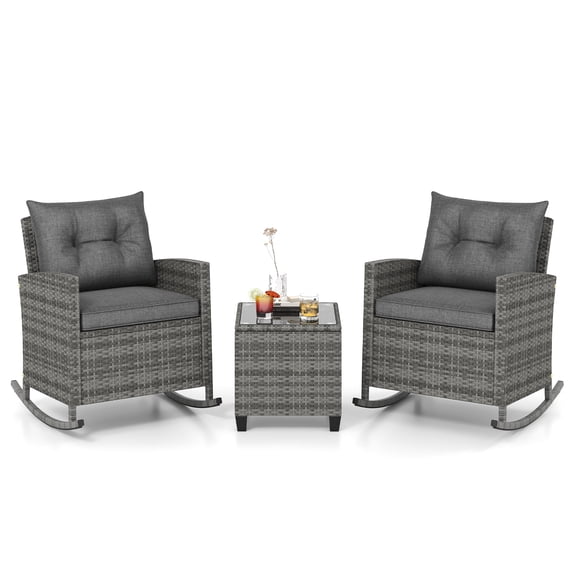 Gymax Set of 3 Wicker Rocking Set Patio w/ Tempered Glass Table & Soft Cushions Gray