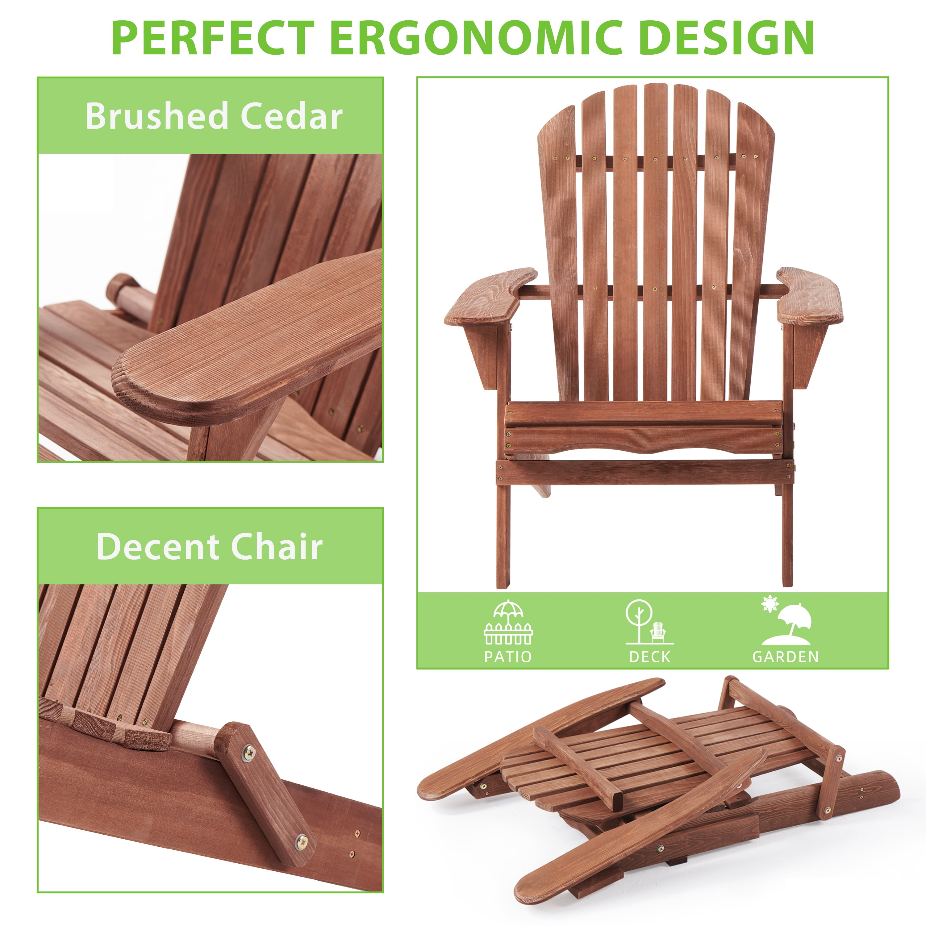 Wooden Folding Adirondack Chair Half Pre-Assembled Wood Lounge Chair Backyard Porch Pool Deck
