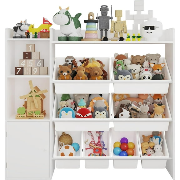 OUTGOODS 43.5" Kids Toy Storage Organizer w/8 Removable Bins & Bookshelf, Engineered Wood