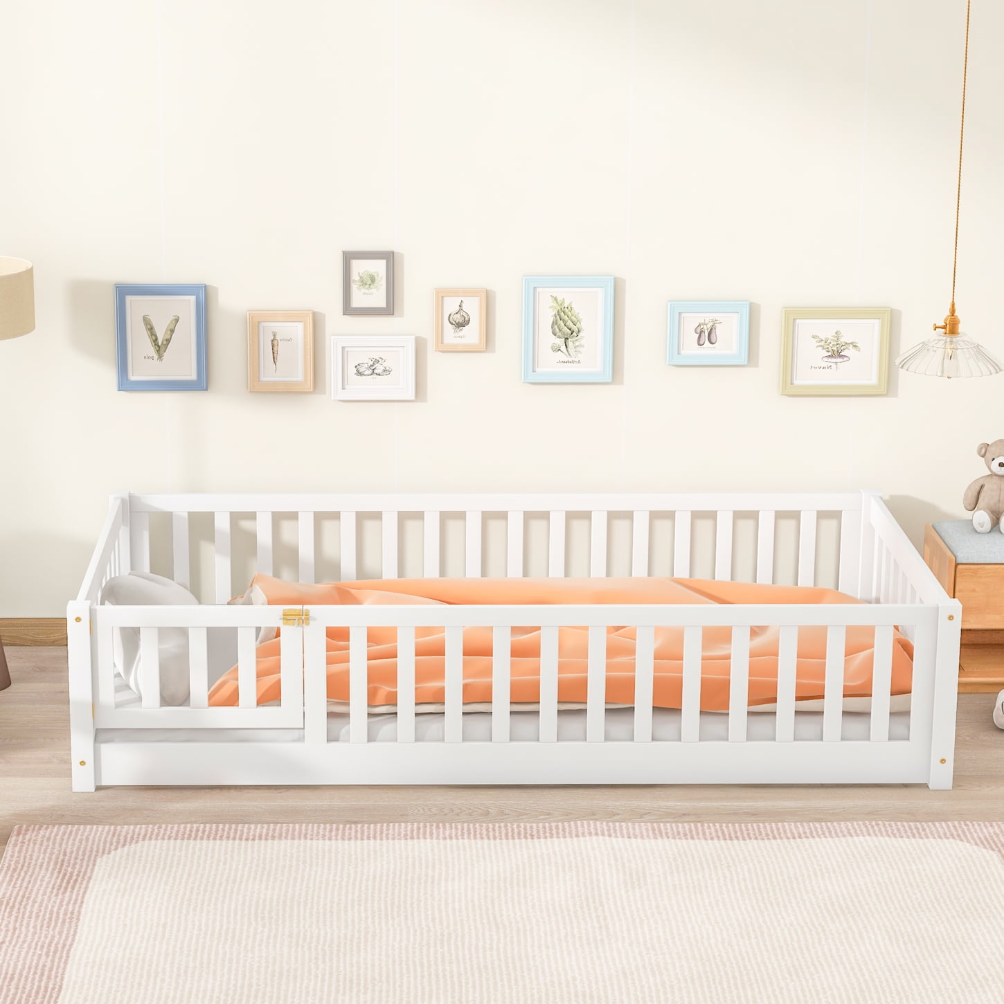 Twin Size Floor Bed, Wood Platform Bed with Fence and Door, Montessori Bed Frame with Slats Support, No Box Spring Needed,White