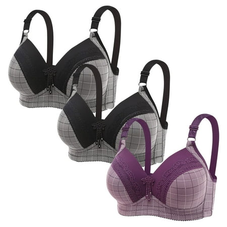 Clearance TOUMENY Nude Bra Womens Bras No Underwire Full Support 3PC Women Plus Size Lace Stitching Plaid Printing Non-Steel Ring Non-Magnetic Buckle Underwear Bra