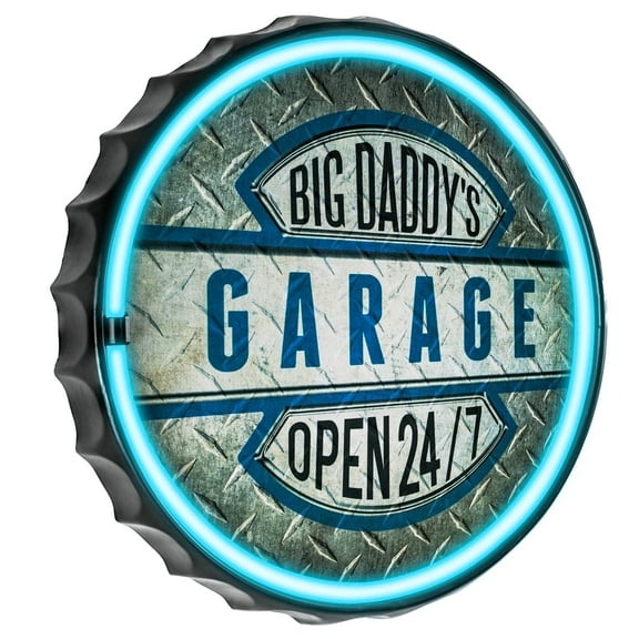 Big Daddy's Garage Open 24/7 Bottle Cap LED Sign