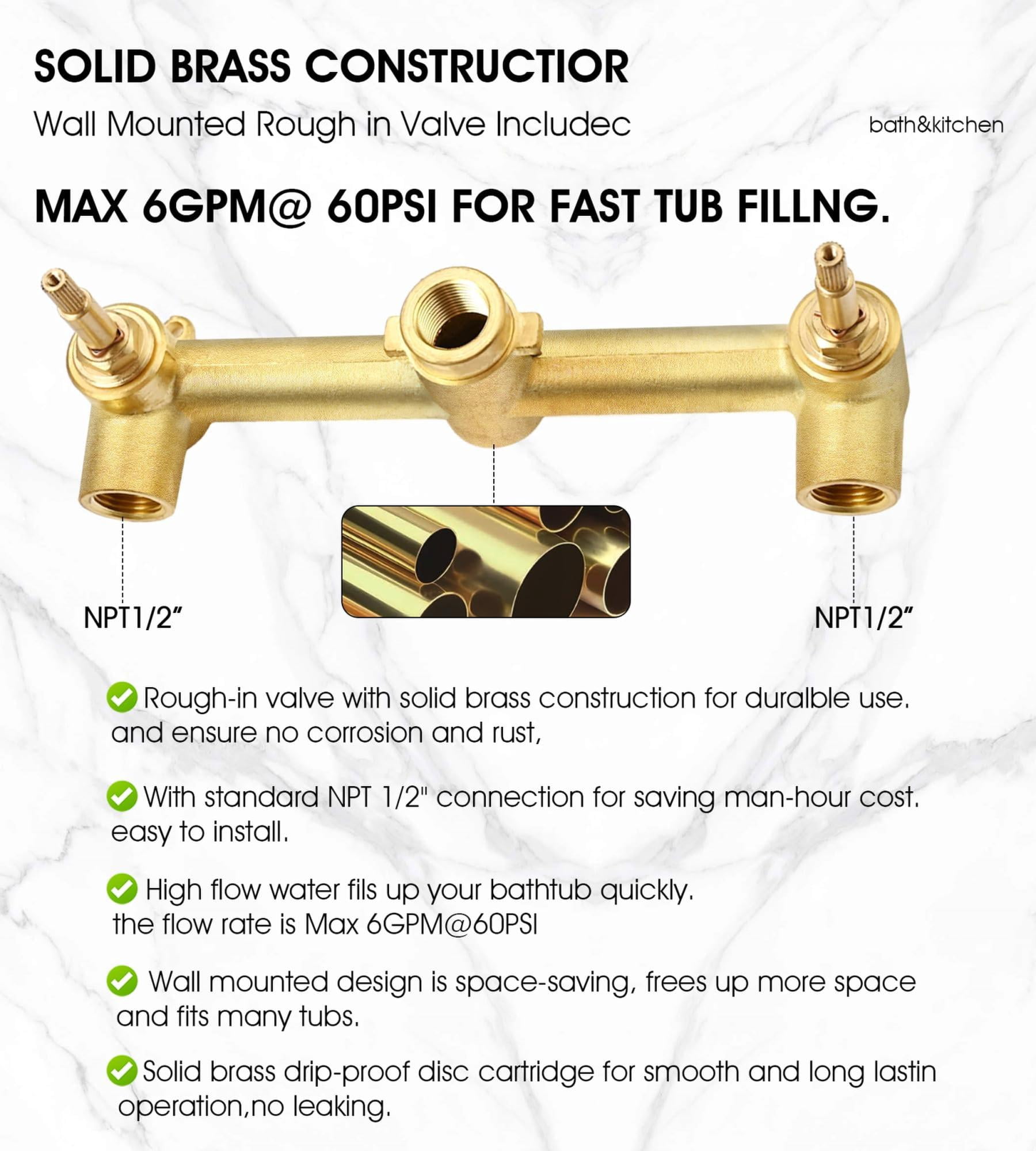 Wall Mount Tub Filler Brushed Gold Bathtub Faucet Long Spout 2 Level Handles