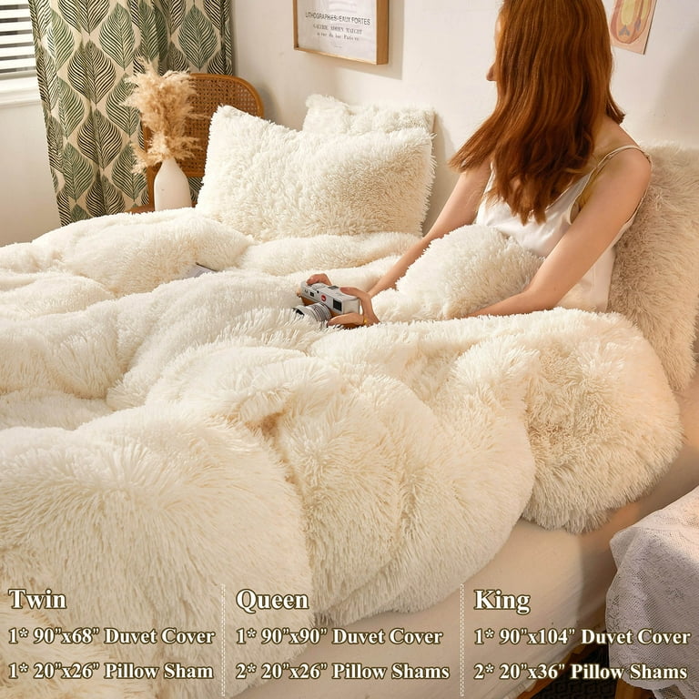 XeGe 3 Piece Fluffy Faux Fur Duvet Cover Set Queen, Luxury Ultra Soft  Velvet Shaggy Plush Bedding Set, Cream Fuzzy Comforter Cover with 2 Furry  Pillow