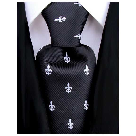 Scott Allan Collection Fleur De Lis Black Necktie | Standard Size 3.3" Adult Black Tie