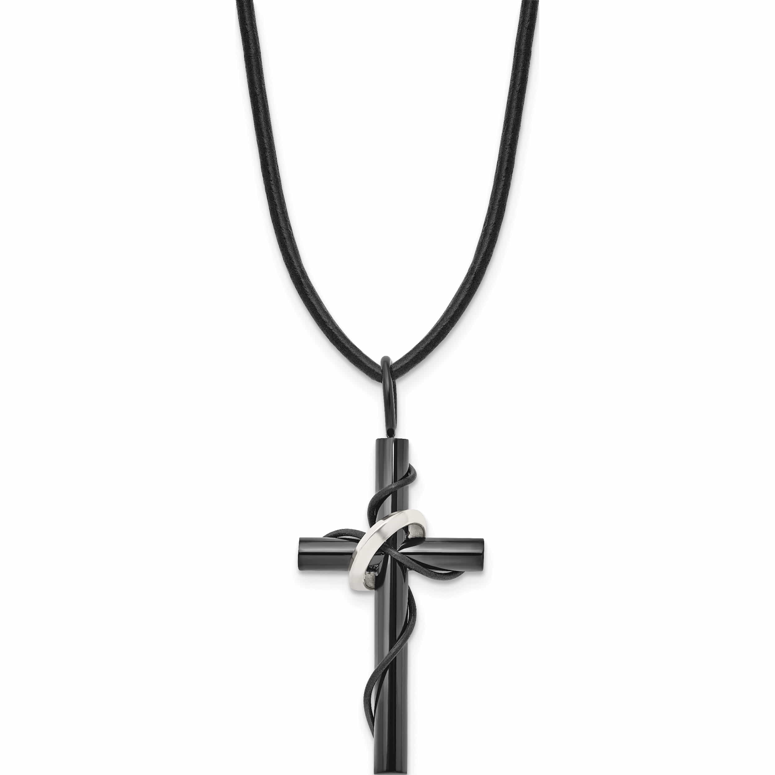 Stainless Steel Polished Black Ip-Plated Cross 20In Leather Cord Necklace Made In China -Jewelry By Sweet Pea