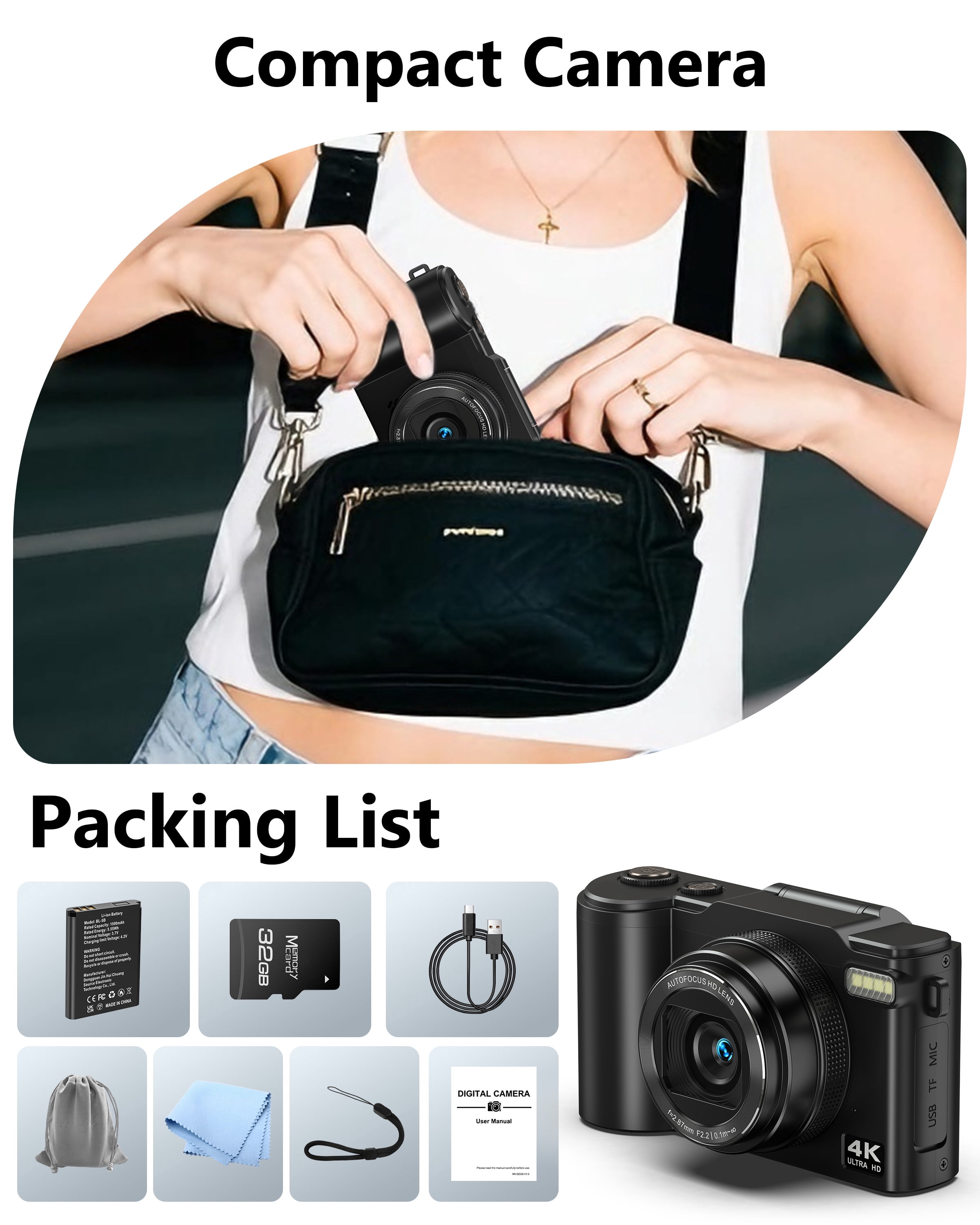 Digital Camera 4K 64MP Vlogging Camera for Photography, 18x Zoom, Autofocus, Flip Screen with 32GB Card