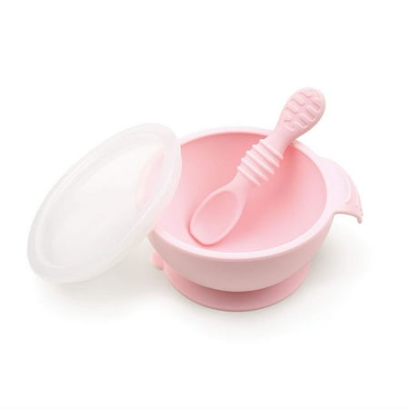 Bumkins Baby Silicone First Feeding Set w/ Bowl, Lid & Spoon for Ages 4 months+ (Pink)