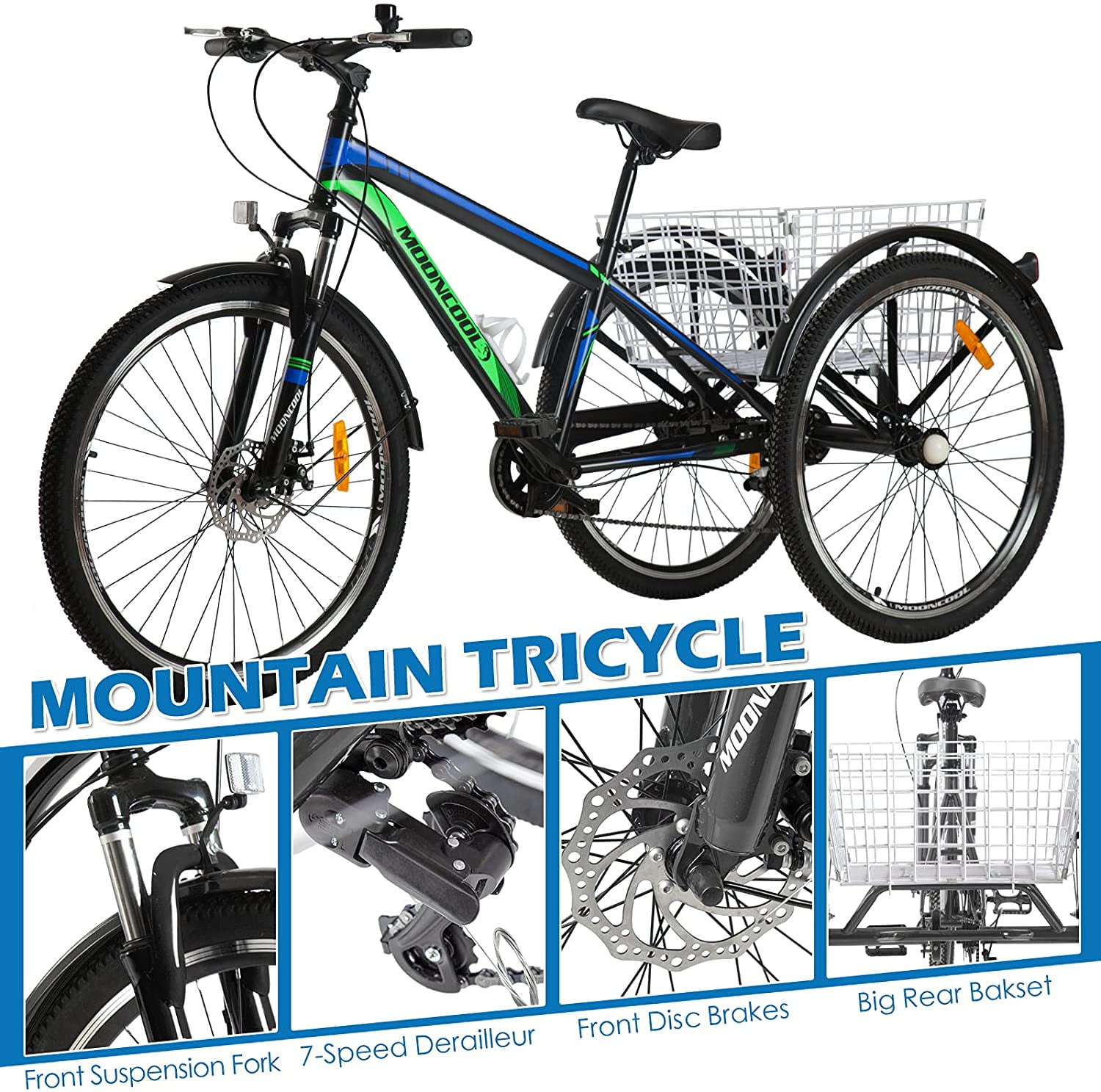 FICISOG Mountain Tricycle for Adults, 3 Wheeled 7-Speed Mountain Tricycle 24 inch 26 inch 27.5 inch Men's Women's Tricycles Cruiser Bike Featuring Disc Brakes, Cargo Basket