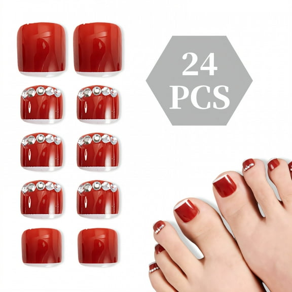 RAGUPEL 24Pcs Toe Press on Nails Square Short Clean Cut Edge Short Fake Nails with Rhinestones Press on French Tip Nails for Women Style1