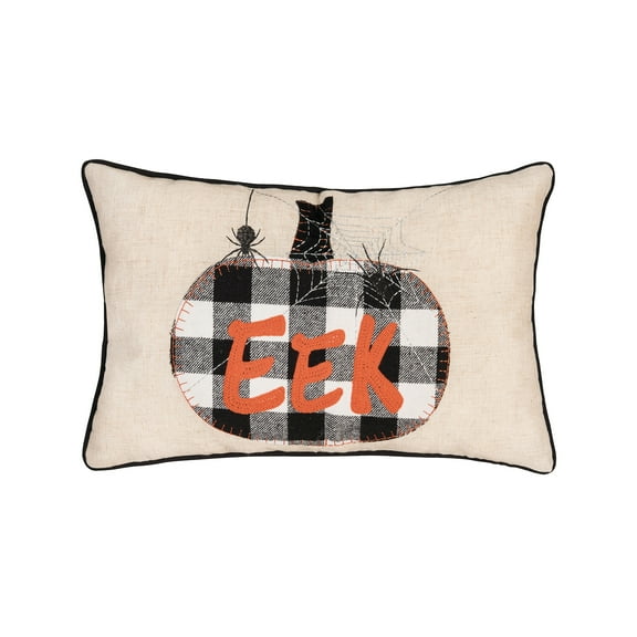 Franklin Plaid Black Pumpkin "Eek" Spider Web Halloween Linen Accent Pillow, 14" x 22"