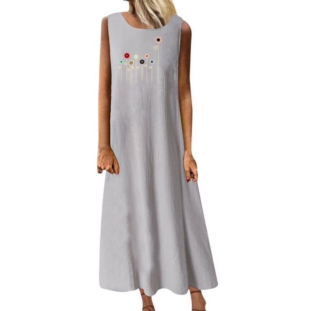 RKSTN Robes pour Femmes 2023 Mode Été Décontracté Col Rond Sans Manches Jupes Maxi Poches Vacances Couleur Unie Plage Longue Robe avec Imprimé Graphique