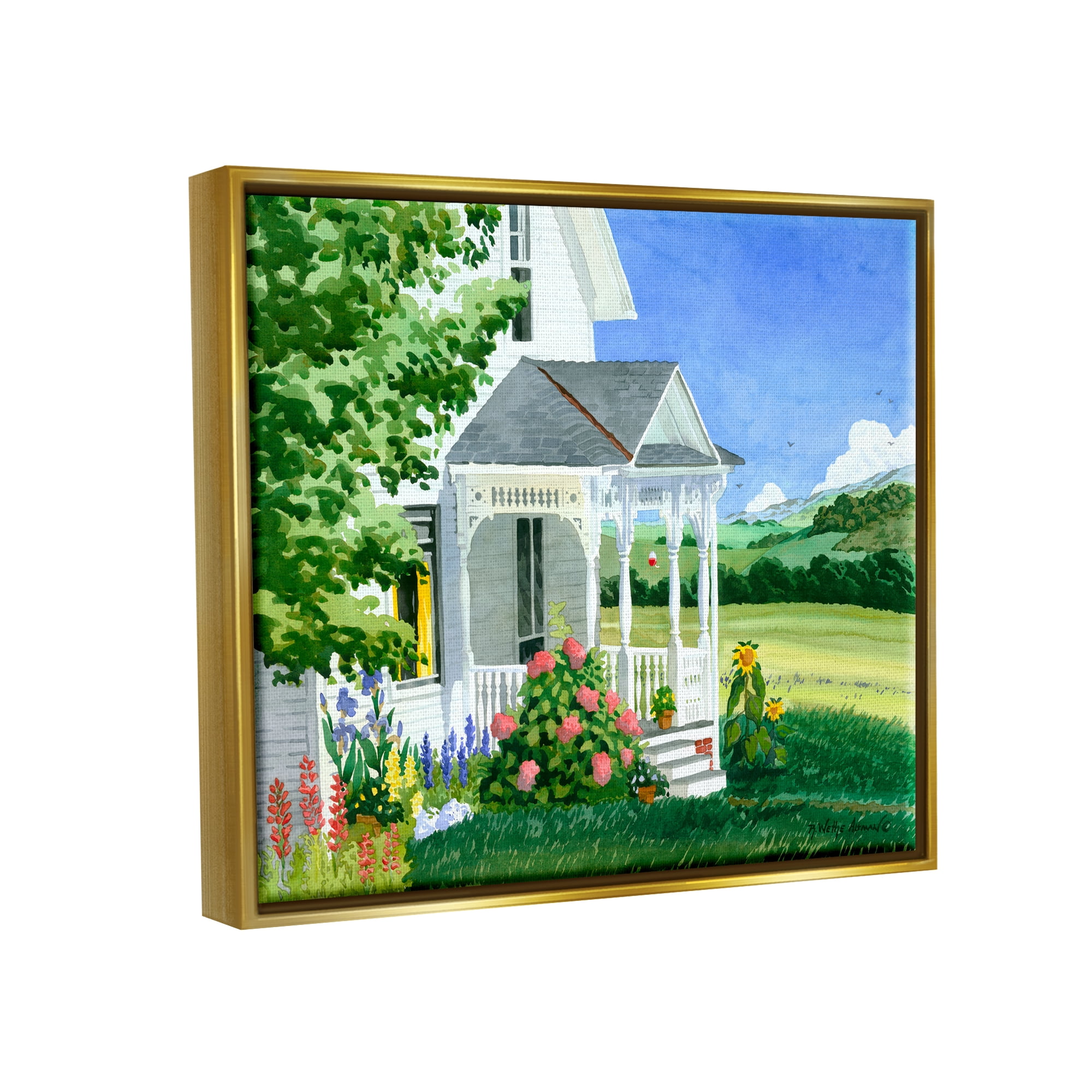 Stupell Industries Cottage Garden Painting Nature Painting Gold Floater Framed Art Print Wall Art, 21 x 17