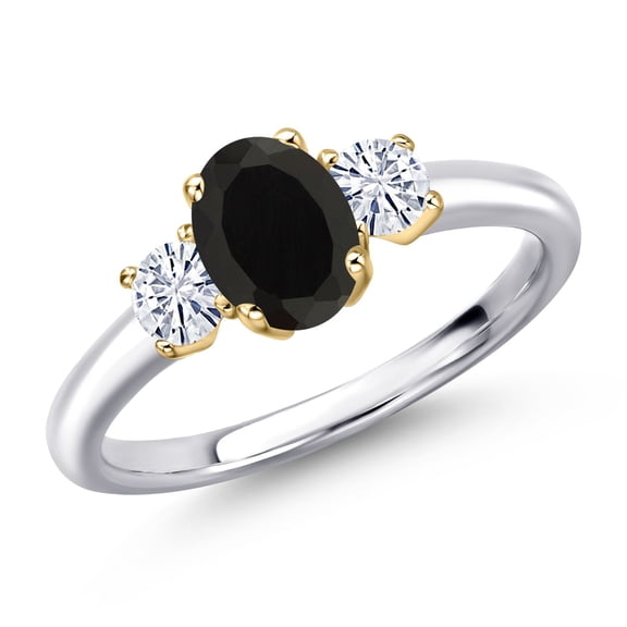 Gem Stone King 925 Silver and 10K Yellow Gold Black Onyx and White Moissanite Engagement Ring for Women | 1.02 Cttw | Oval 7X5MM | Gemstone December Birthstone | Size 7