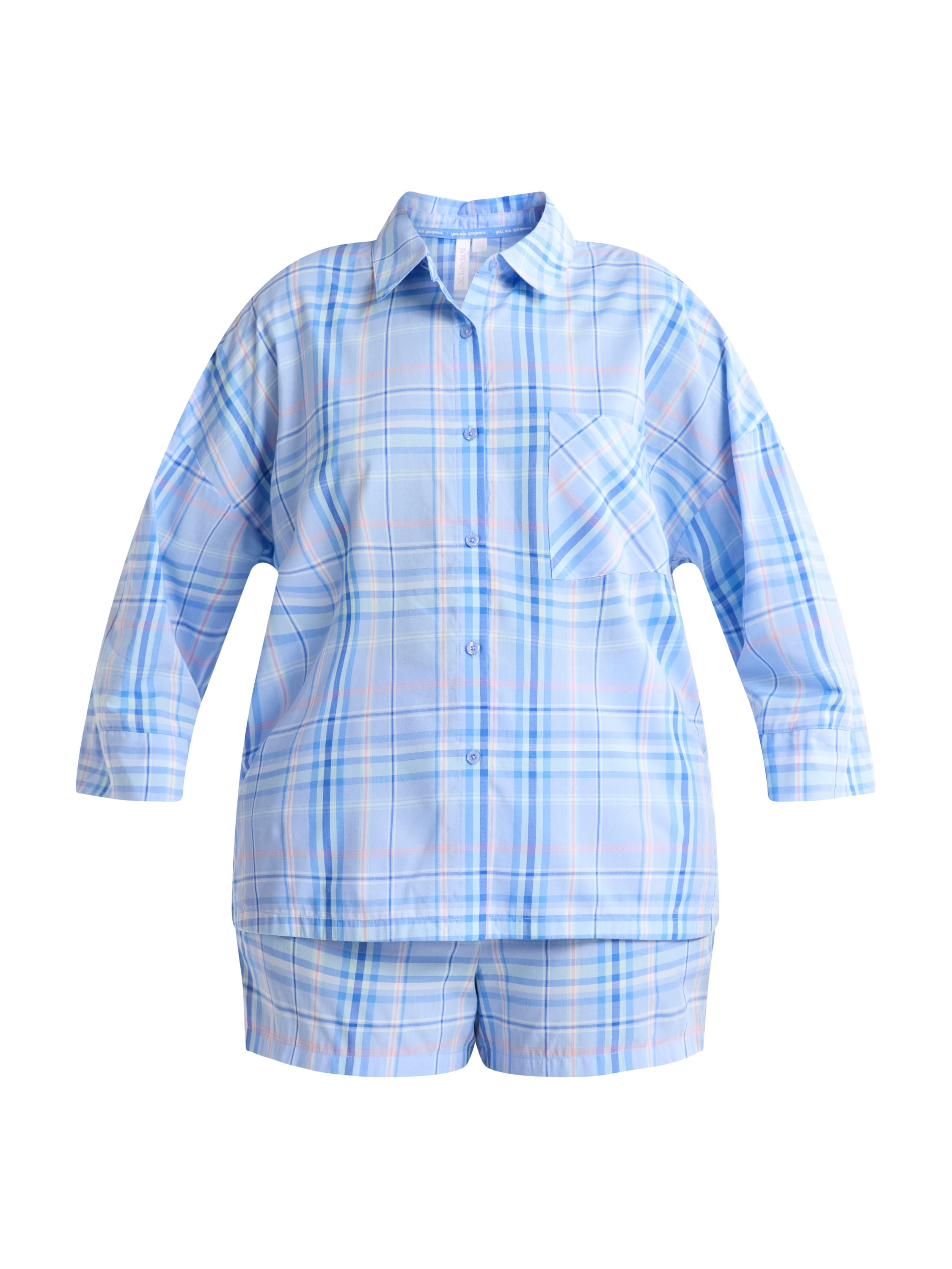 Joyspun Women’s Woven ¾ Sleeve Notch Collar Top and Boxer Shorts Pajama Set, Sizes XS-3X