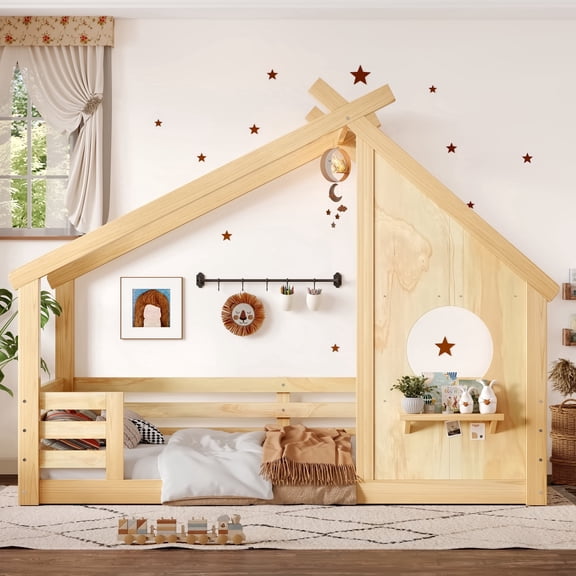 HICOMILA Twin House Floor Bed with Window and Shelf, Montessori Solid Wood Floor Bed Frame with Roof Design, Low Profile House Bed for Girls＆Boys, No Box Spring Needed, Natural
