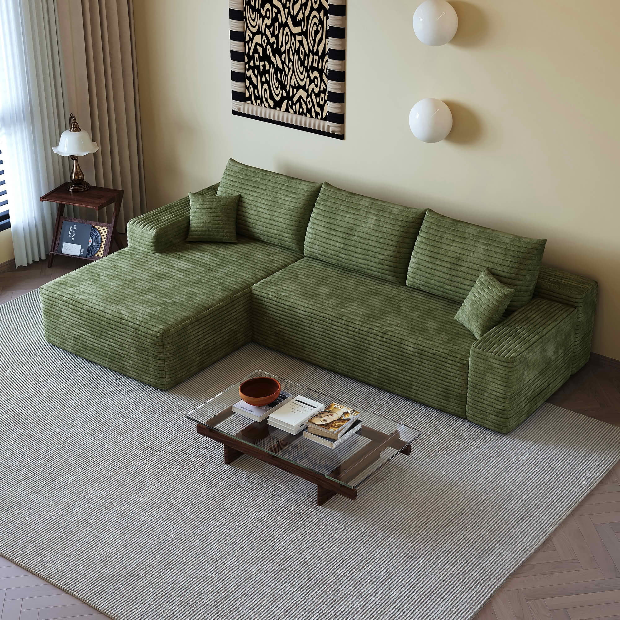 MAYEERTY 107" Cloud Sectional Couch, L-Shape Chaise Modular Sofa, Deep Seat Plush Corduroy, No Assembly, Green