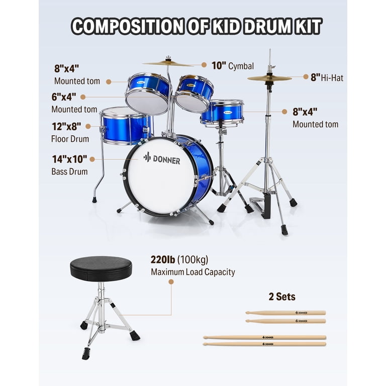 Donner 5-Piece Junior Drum Kit, 14 Inch, Mirror Blue photo 2