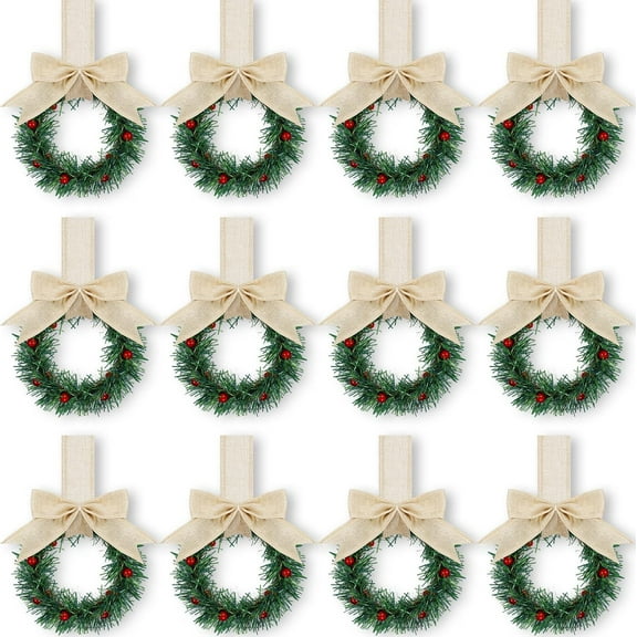 Wishrage 12PCS Christmas Kitchen Cabinet Wreaths with Ribbon 3.94 Inch Mini Christmas Wreath Small Kitchen Xmas Decor for Window Door
