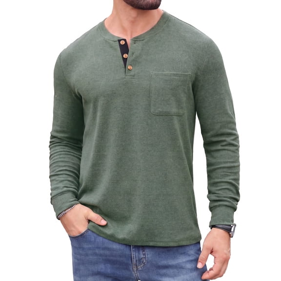 JWD Mens Long Sleeve Henley Shirt Casual Button Neck T Shirt Soft Lightweight Crew Neck Tee with Chest Pocket Green L
