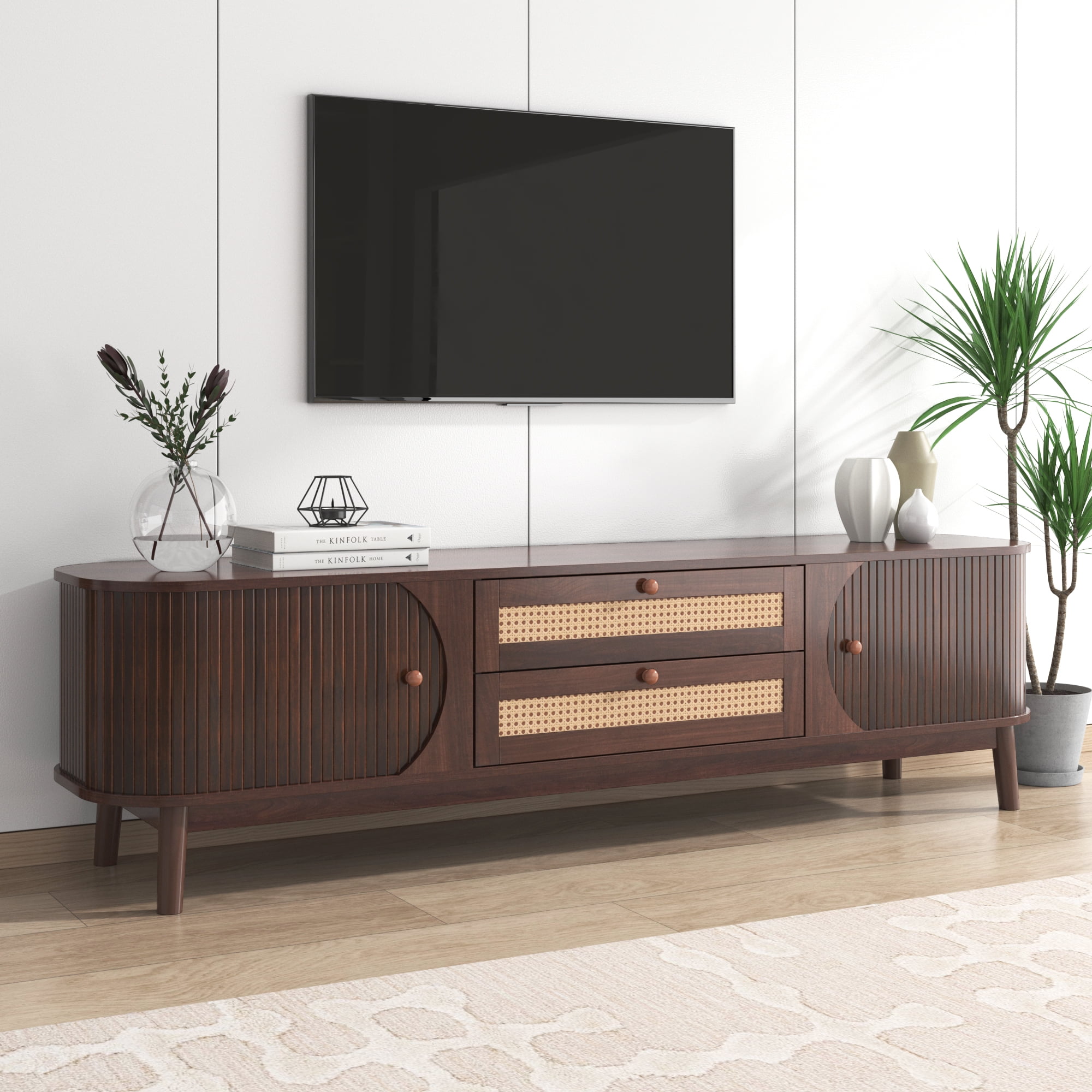 Euroco Rattan TV Stand for TVs up to 75", Modern Entertainment Center with Storage Cabinets, Solid Wood Doors & Cable Management, Mid-Century Media Console for Living Room